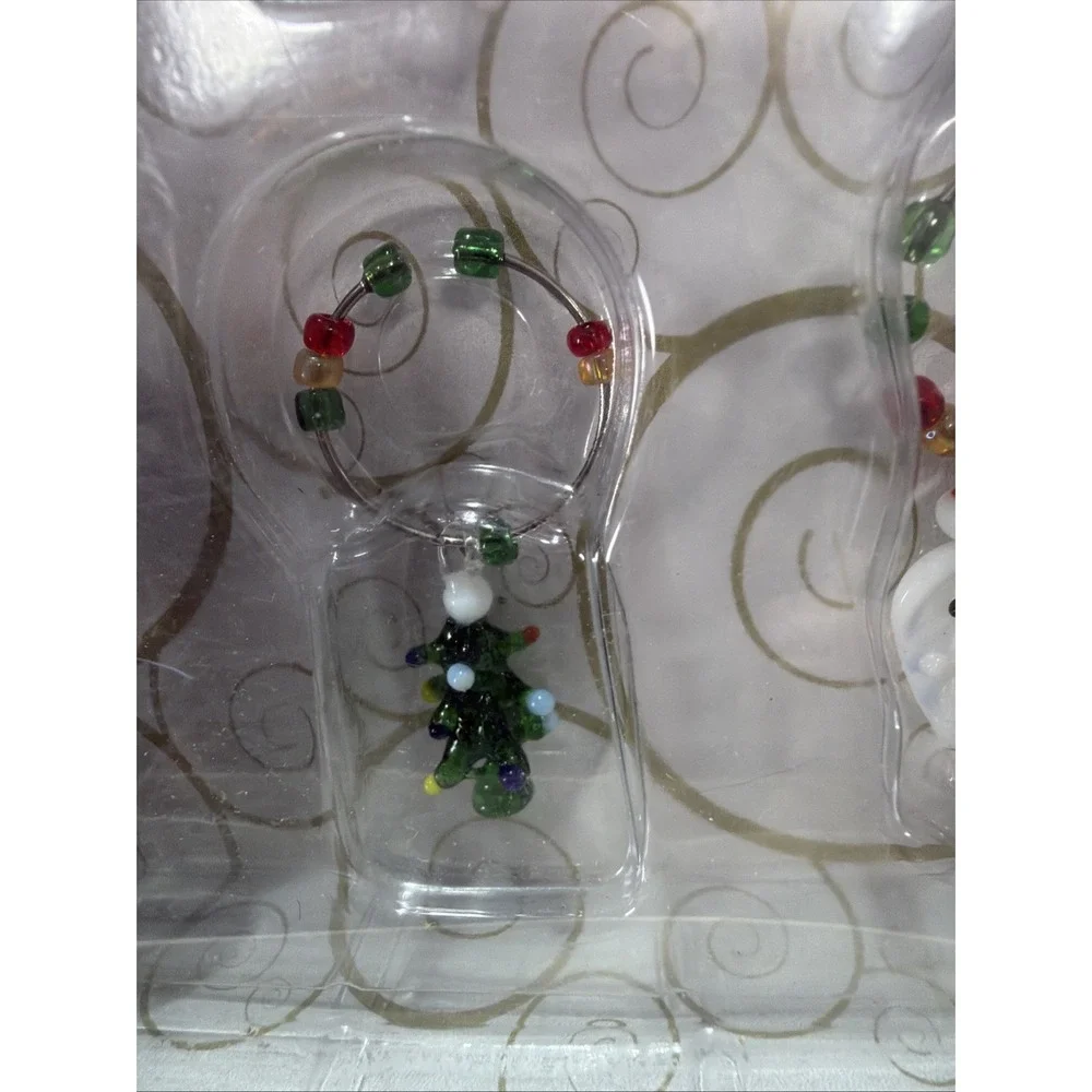 Festive Christmas Snowman Wine Bottle Stopper & 4 Wine Glass Charms Set
